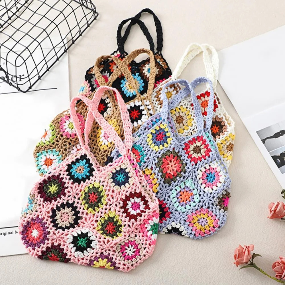 Large Capacity Fashion Cut-out Boho Tote Bag Trendy Floral Crochet Handmade Knitted Bag Vintage Multicolor Hollow Out Handbag 250603