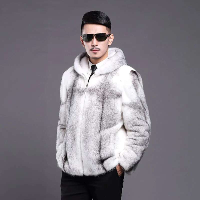 Men's fur mink coat hooded slim-fit zipper short casual jacket plus size