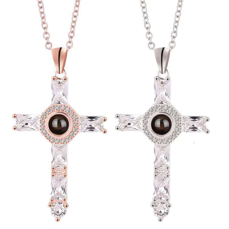 K011 Hot Sale Christian Moissanite Cross Pendant Necklace Men's Religious Language Projection Necklace