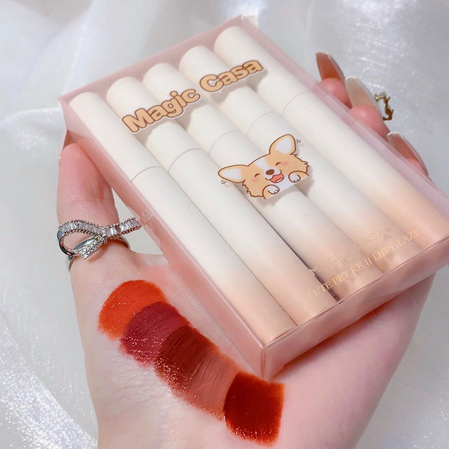 Corgi Lip Glaze Set 5pcs Boxes Corgi Matte Velvet Lip Glaze Lipstick Student Lip Gloss DH1004