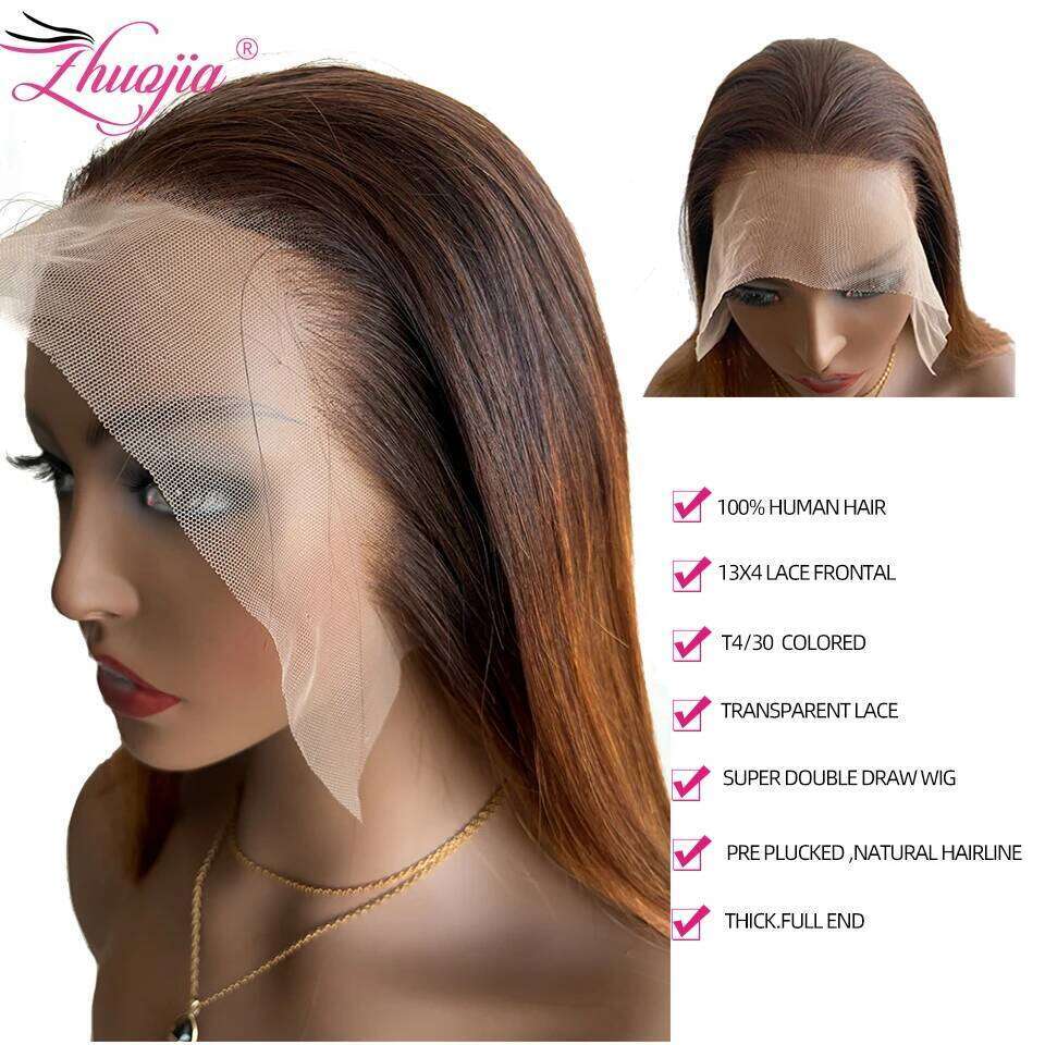 250% Double Drawn Human Hair 13x4 Bone Straight Frontal Wig T4/30 Honey Brown Lace Front Wigs For Women PrePlucked 30in