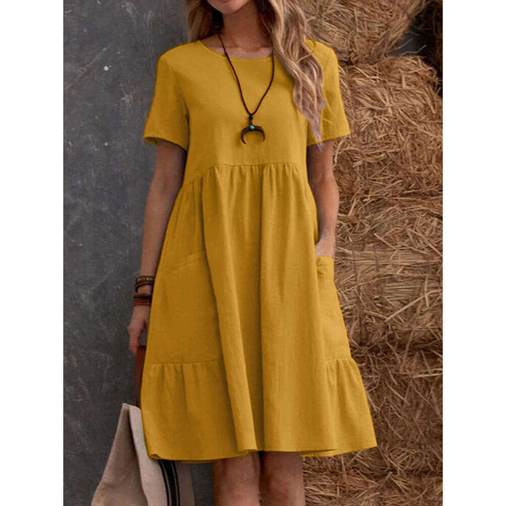 Summer TEMU Loose Pocket Solid Color Round Neck Women's Cotton Linen Dress B5
