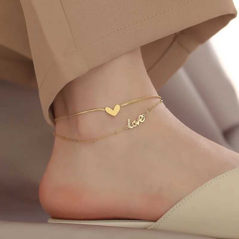 LOVE Heart Anklet Foot Bracelet for Women 2-layer Stainless Steel Gold Color Fashion Jewelry Gift (A005) W250604