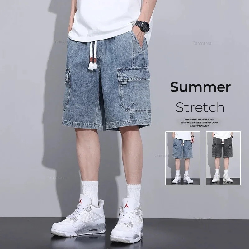 Summer Mens Loose Denim Shorts Blue Gray Streetwear Straight Elastic Waist Drawstring Fashionable Casual Short Jeans Male 250529Z