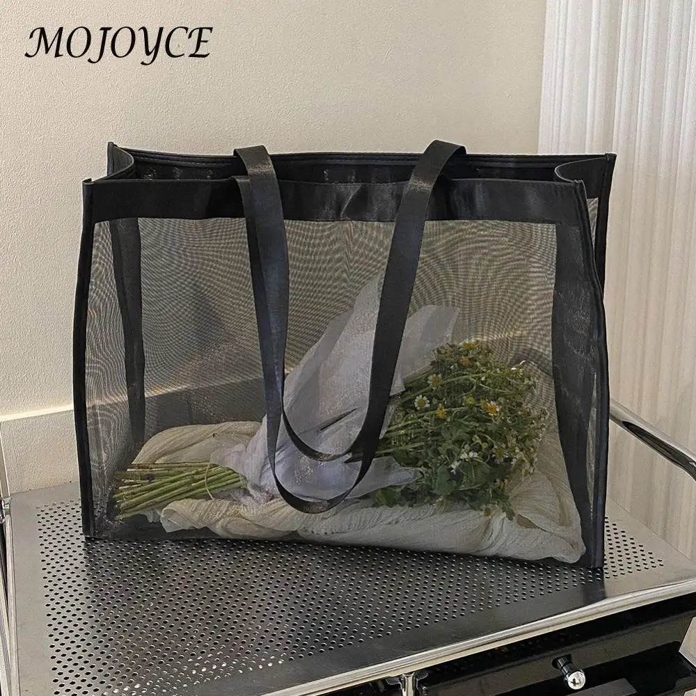 Fashion Shopping Bag Large Capacity Mesh Top-Handle Handbag Solid Color Storage Bags Transparent All-match for Beach Swimming 250603