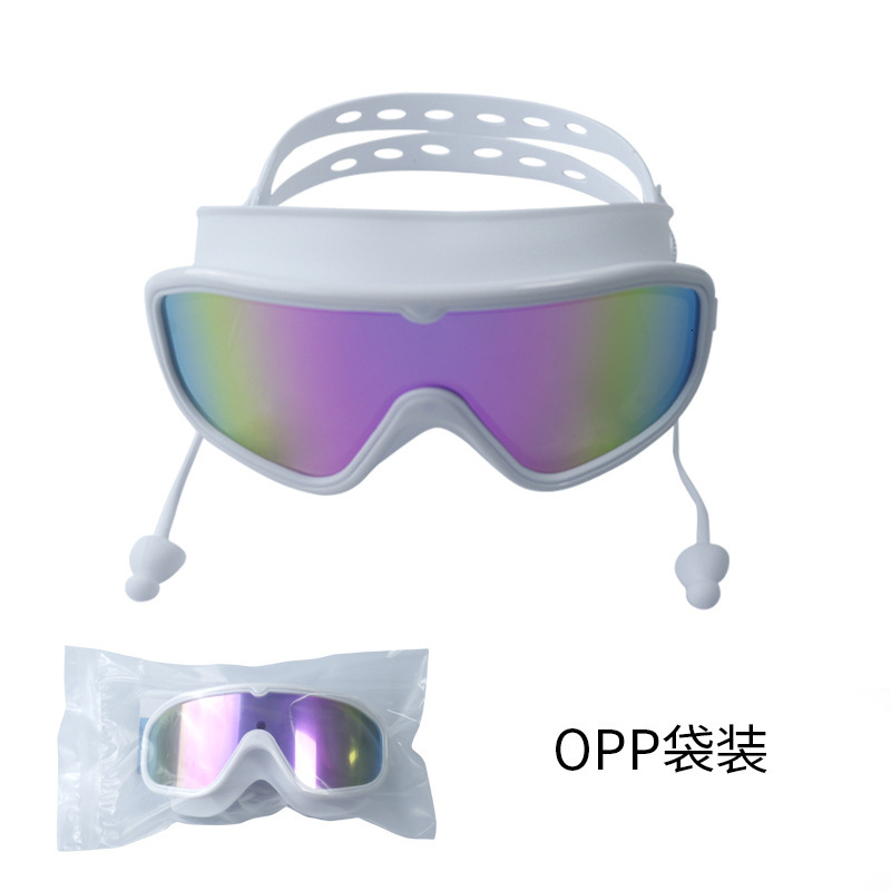 Large Frame Swim HD Waterproof Anti-Fog Unisex Swimming Glasses with Integrated Earplugs Silicone Colorful Diving Goggles