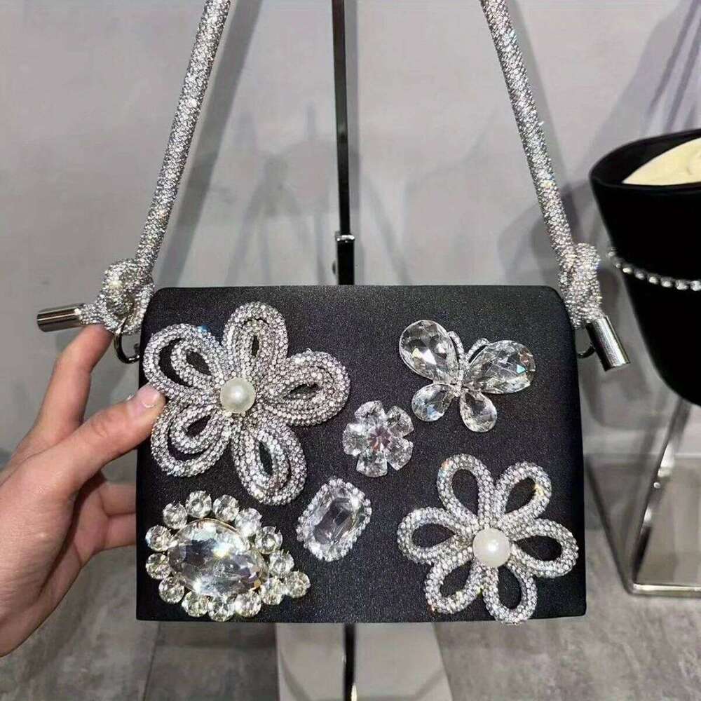2025 Crystal-Studded Floral Square Box Clutch Women's Rhinestone Evening Bag For Weddings And Galas New Fashion Accessory