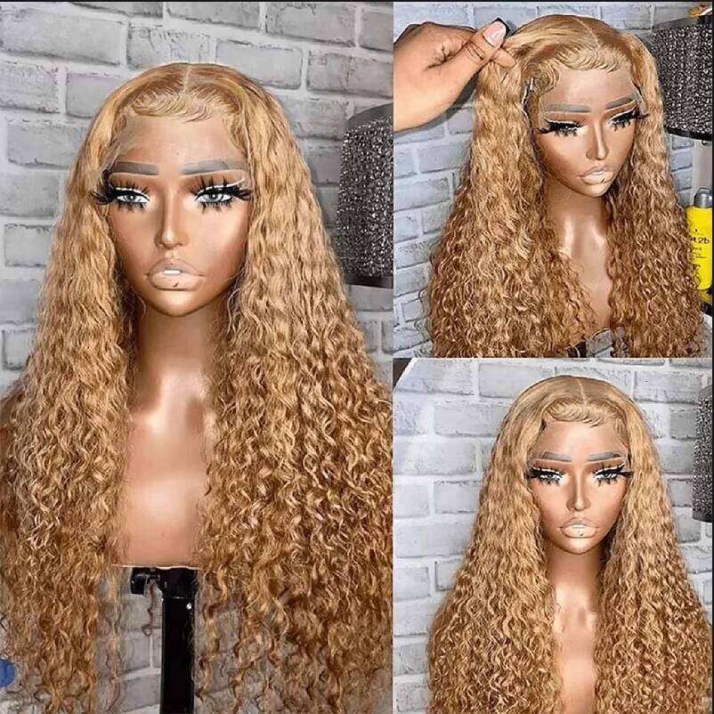 200% Density Front 13X6 27 Deep Wave Honey Blonde HD Lace Frontal Curly Wigs For Women Human Hair Wig sale