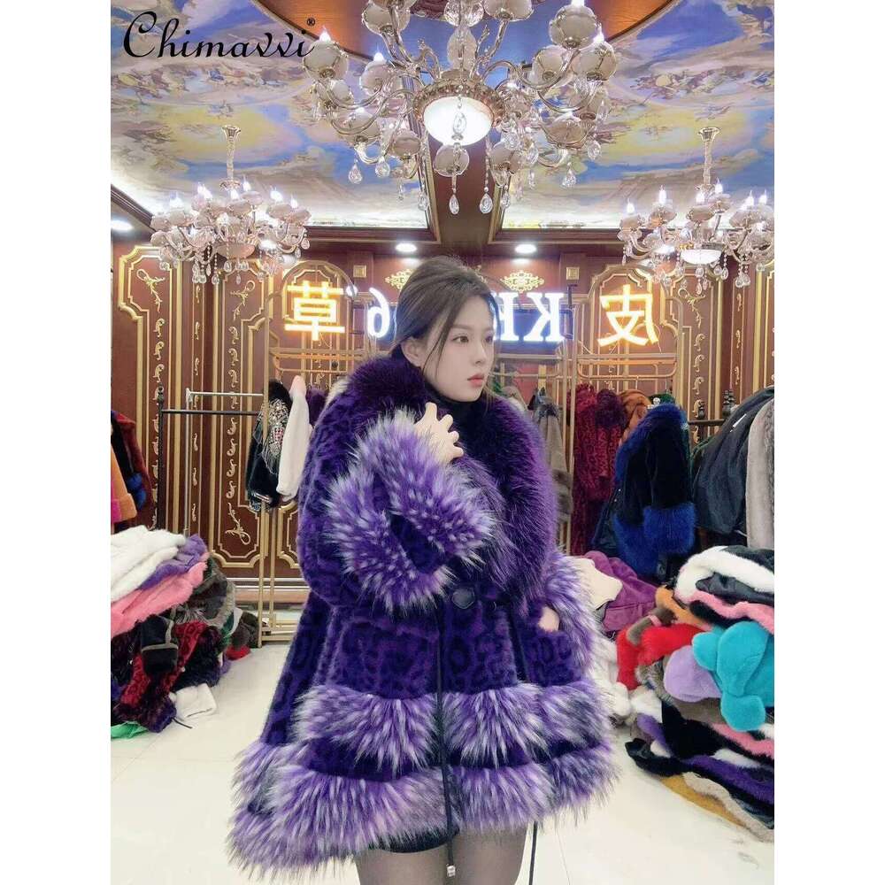 Autumn Winter New European Purple Leopard Print Front Short Rear Coat Loose Long Sleeve Warm Elegant Women Faux Fur