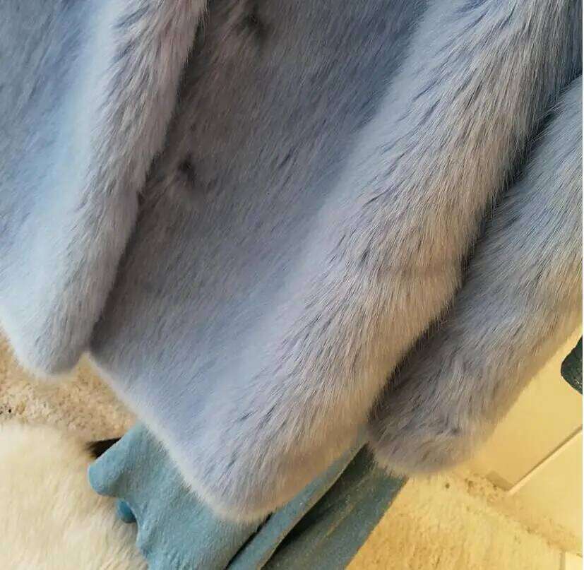 HIGH QUALITY Winter Lapel Hairy Shaggy Jacket Aqua blue Vintage sleeve Furry Faux Fur Coat Mid Long Outerwear