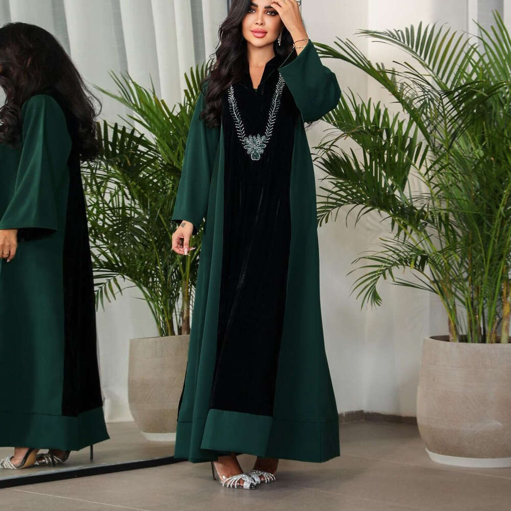 Because0243 Muslim Dubai Arabic Women's Clothing Rhinestone Velvet Patchwork Color Block Long Robe Dress B5