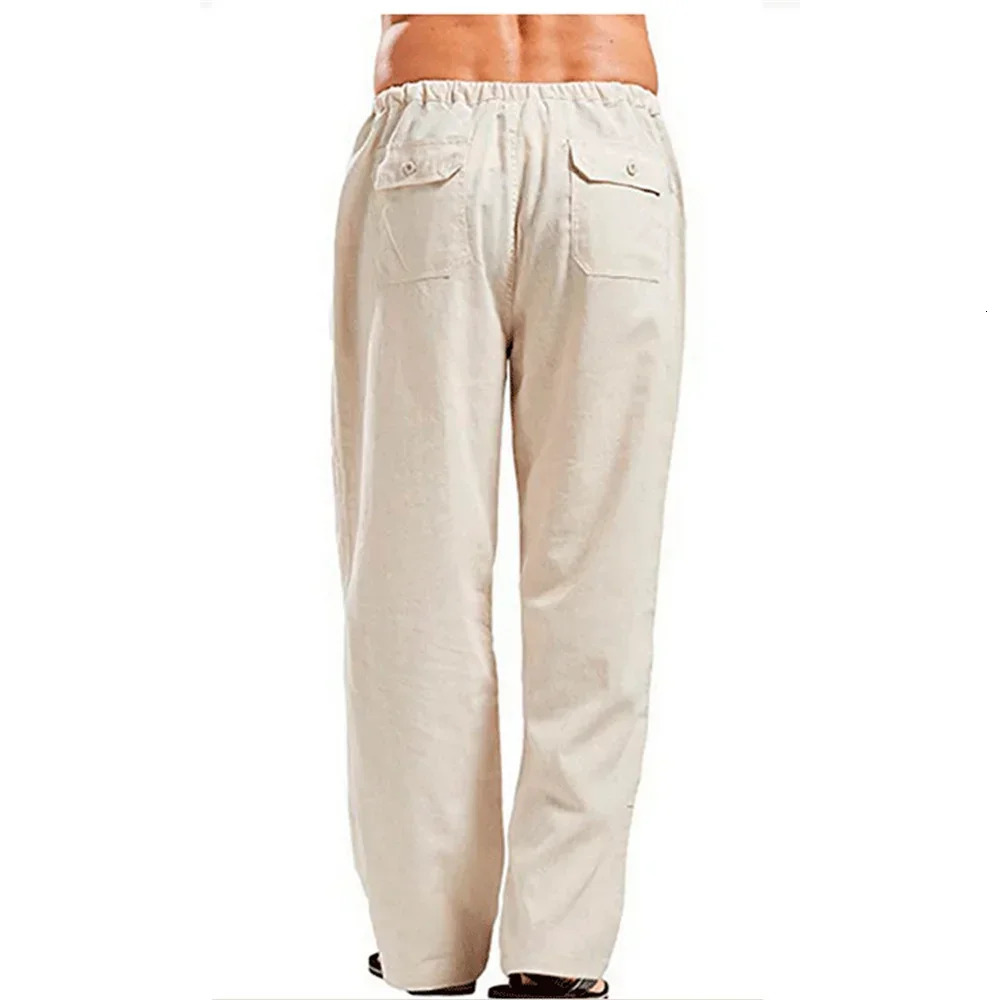 Mens Cotton Linen Pants Summer Solid Color Breathable Linen Trousers Male Casual Elastic Waist Fitness Pants 250603