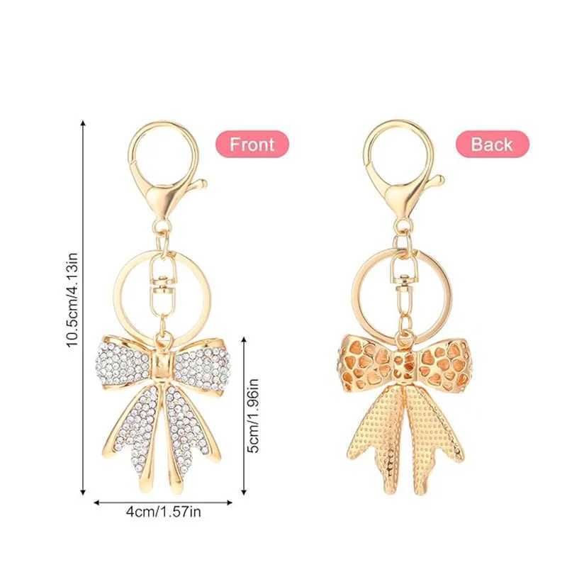 Metal Bow Keychain Gold Plated Rhinestone Keyring Bag Charm Jewelry for Women W250604