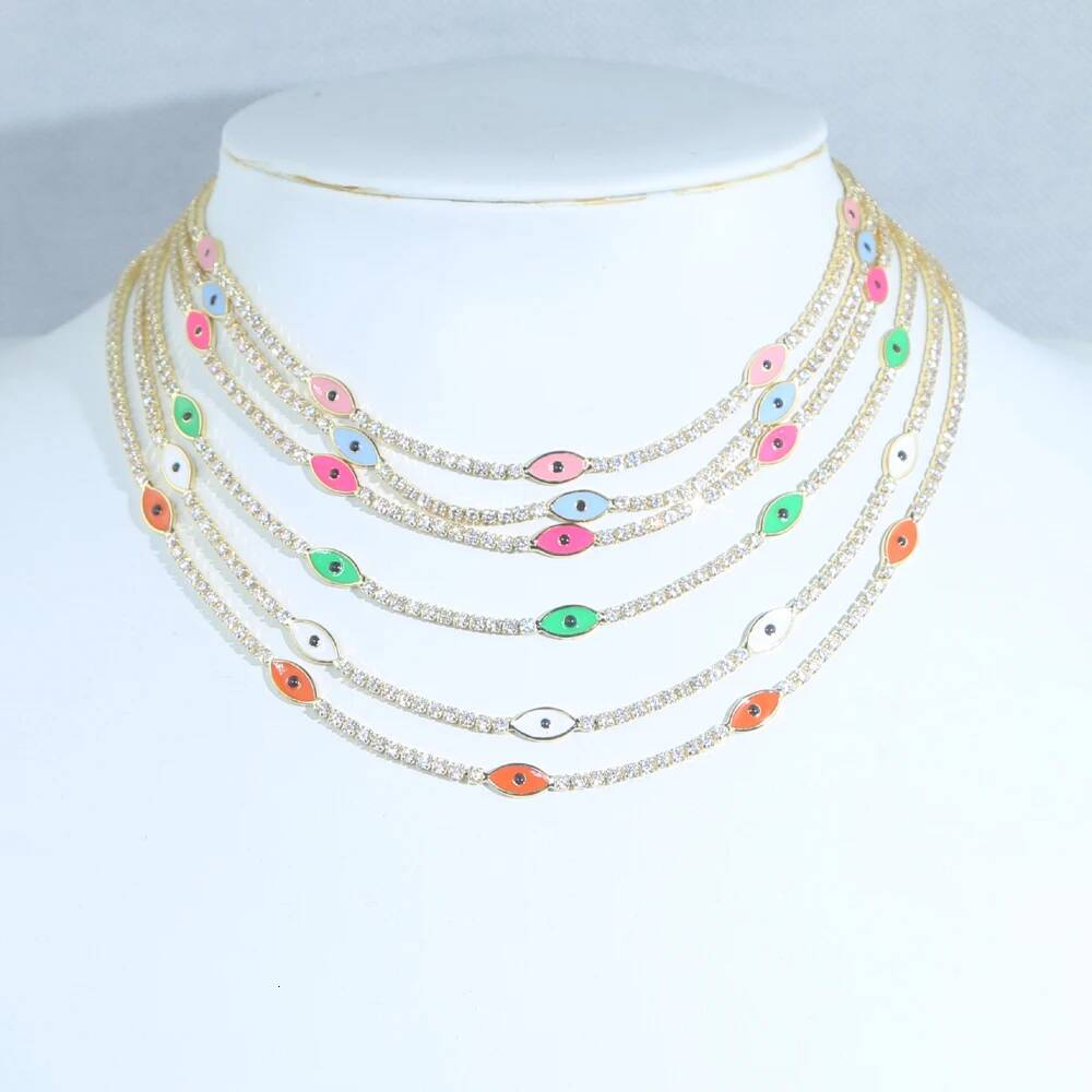 Short Sparking Cz Tennis Chain Chocker Necklace with Blue Evil Eye Charm Necklaces Fashion Women Collar Jewellery Femme