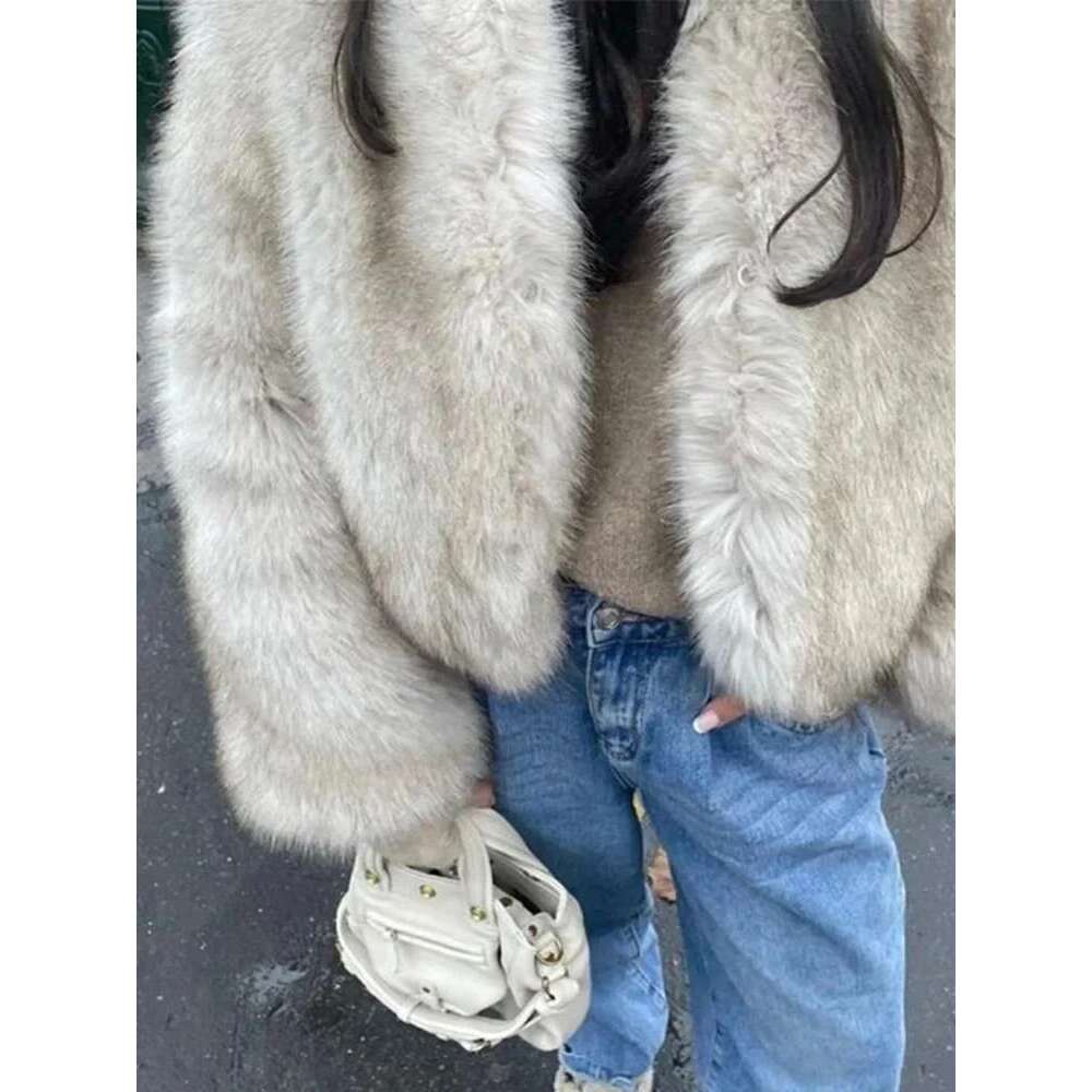 Aoaiiys Faux Fur Jacket Women Autumn Winter Cropped Elegant O-Neck Long Sleeve Soft Shaggy Coats Thicken Warm Outerwear