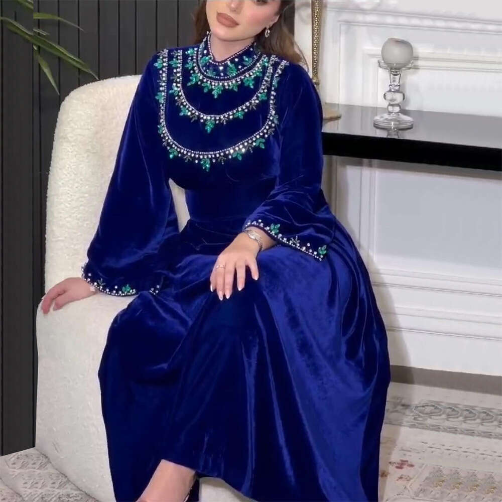 Because 0249 Saudi Arabia Abaya Robe Velvet Zipper Green Water Drop Rhinestone Dress B5
