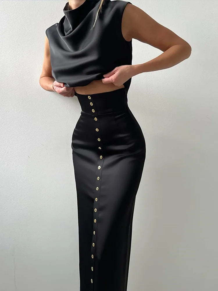 Sexy Satin Skirt Women 2 Piece Sets Turtleneck Sleeveless Vest High Waist Long Bodycon Skirts Suit Elegant Female Commute Outfit 250604Z