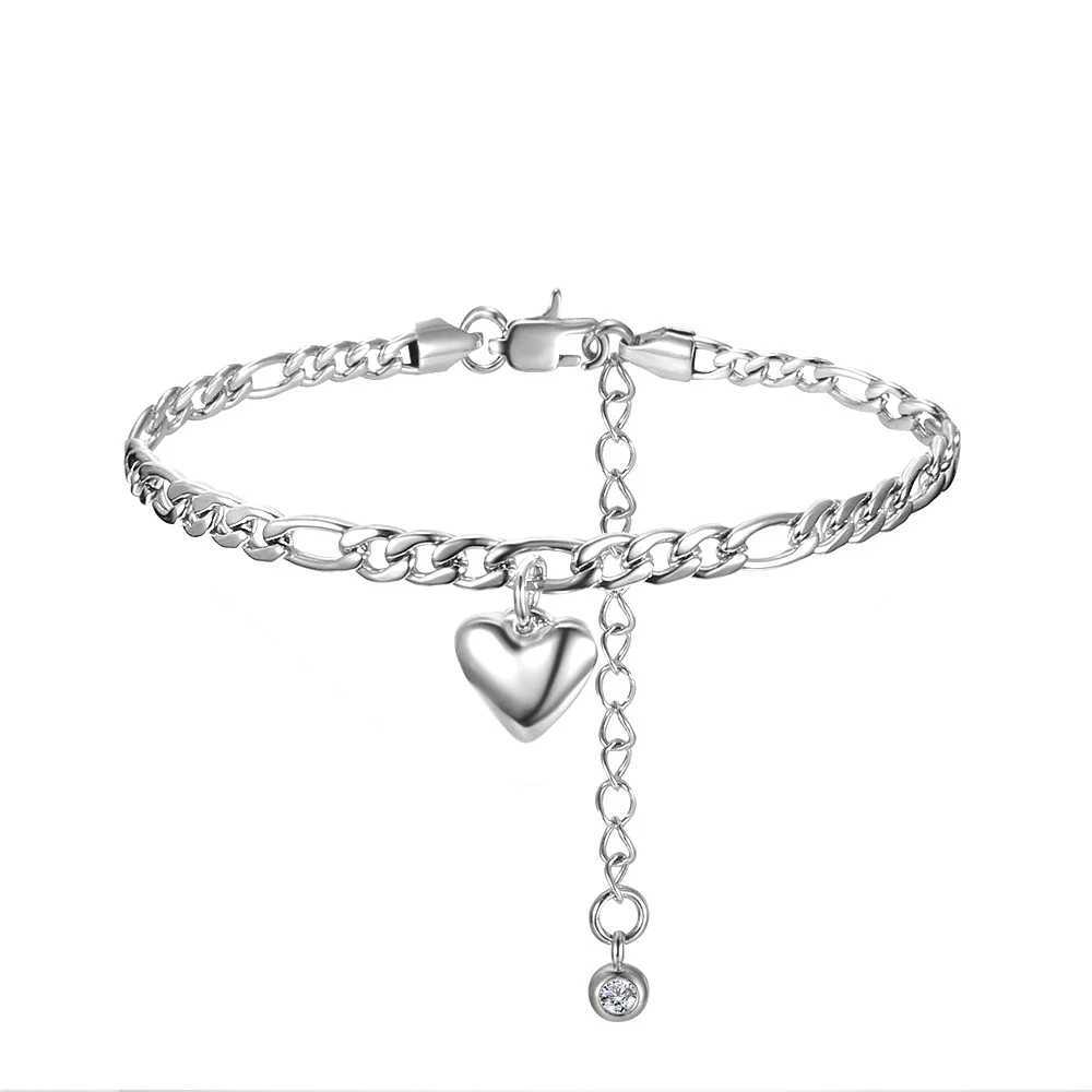 4.5mm Figaro Chain Anklet Silver Color Stainless Steel Heart Charm Leg Foot Ankle Bracelet for Women Summer Beach Jewelry Gift W250604