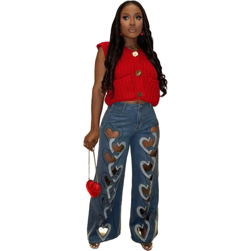 Womens Jeans 2025 New Fashion Elastic And Personalized Denim Pants With Hollowed Out Embroidery And Heart-shaped Straight Leg Pants