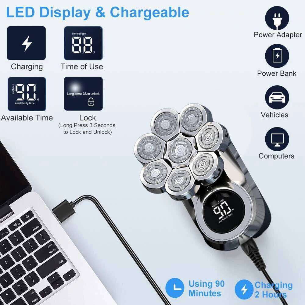 LED Display Electric Men 6-In-1 Upgrade Skull Razor Bald Head Shavers Grooming 8-Heads 4D Shaving Kit