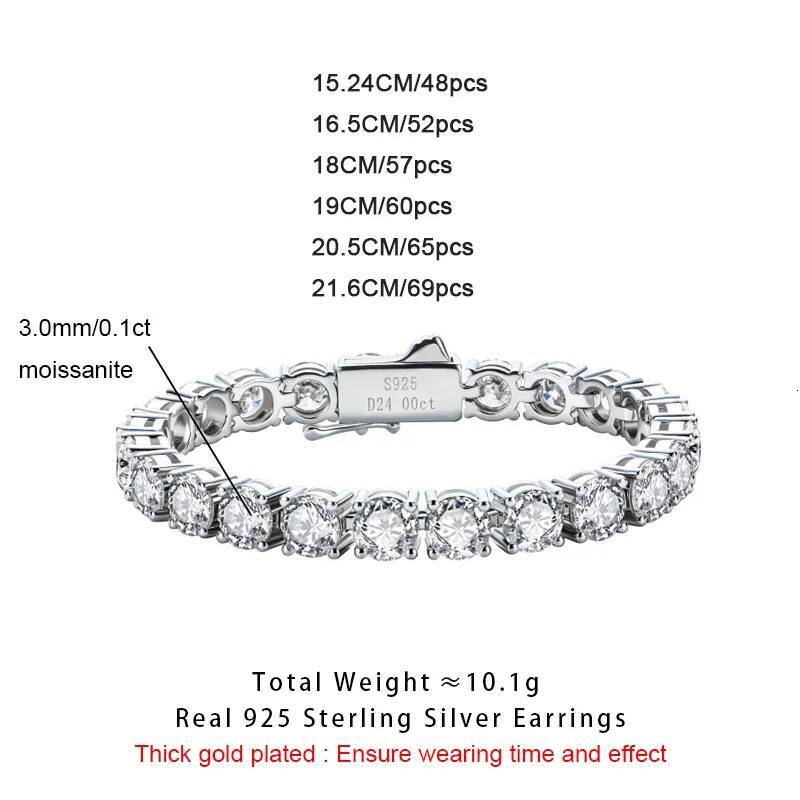 MossanRappr 3mm 5.2-6.5cttw Moissanite Dia Tennis Bracelet Sterg Sier Iced Out Hip Hop Jewelry Gifts for Men Women