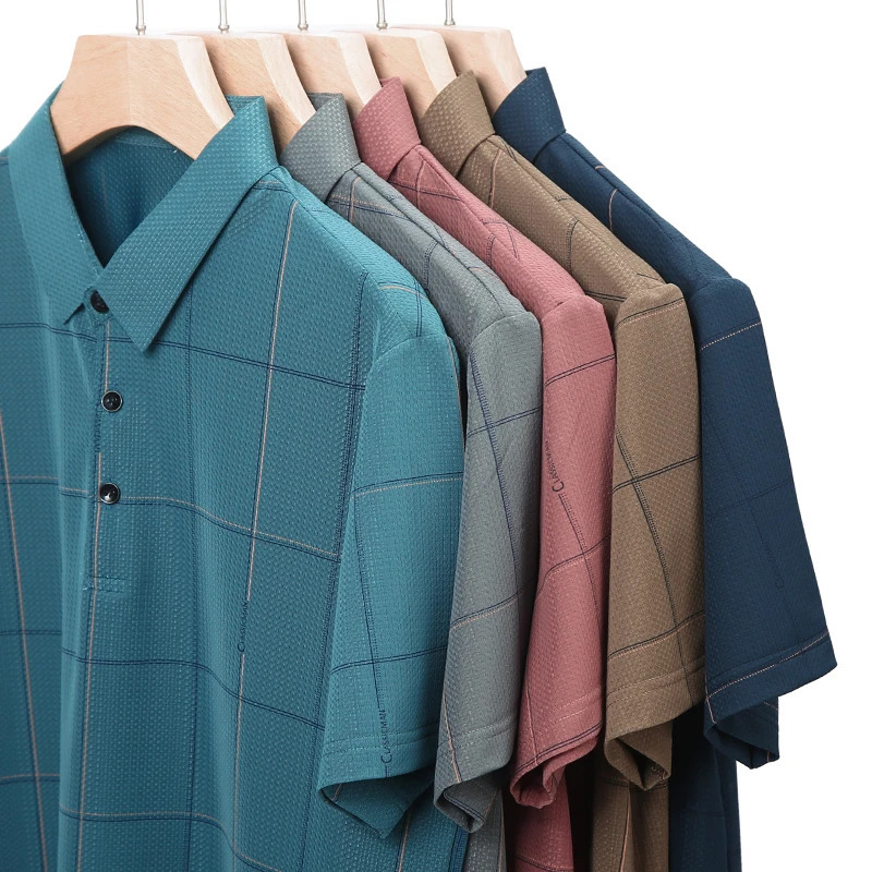 Plaid High Elastic Breathable Mens Polo Shirts Short Sleeve Silky Summer Quality Soft Comfortable Casual Lapel Camisas De Hombre 250604Z