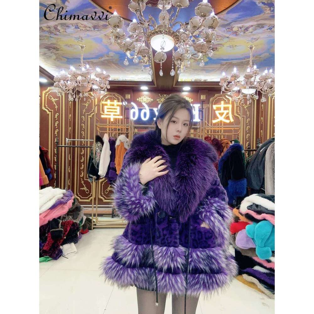 Autumn Winter New European Purple Leopard Print Front Short Rear Coat Loose Long Sleeve Warm Elegant Women Faux Fur