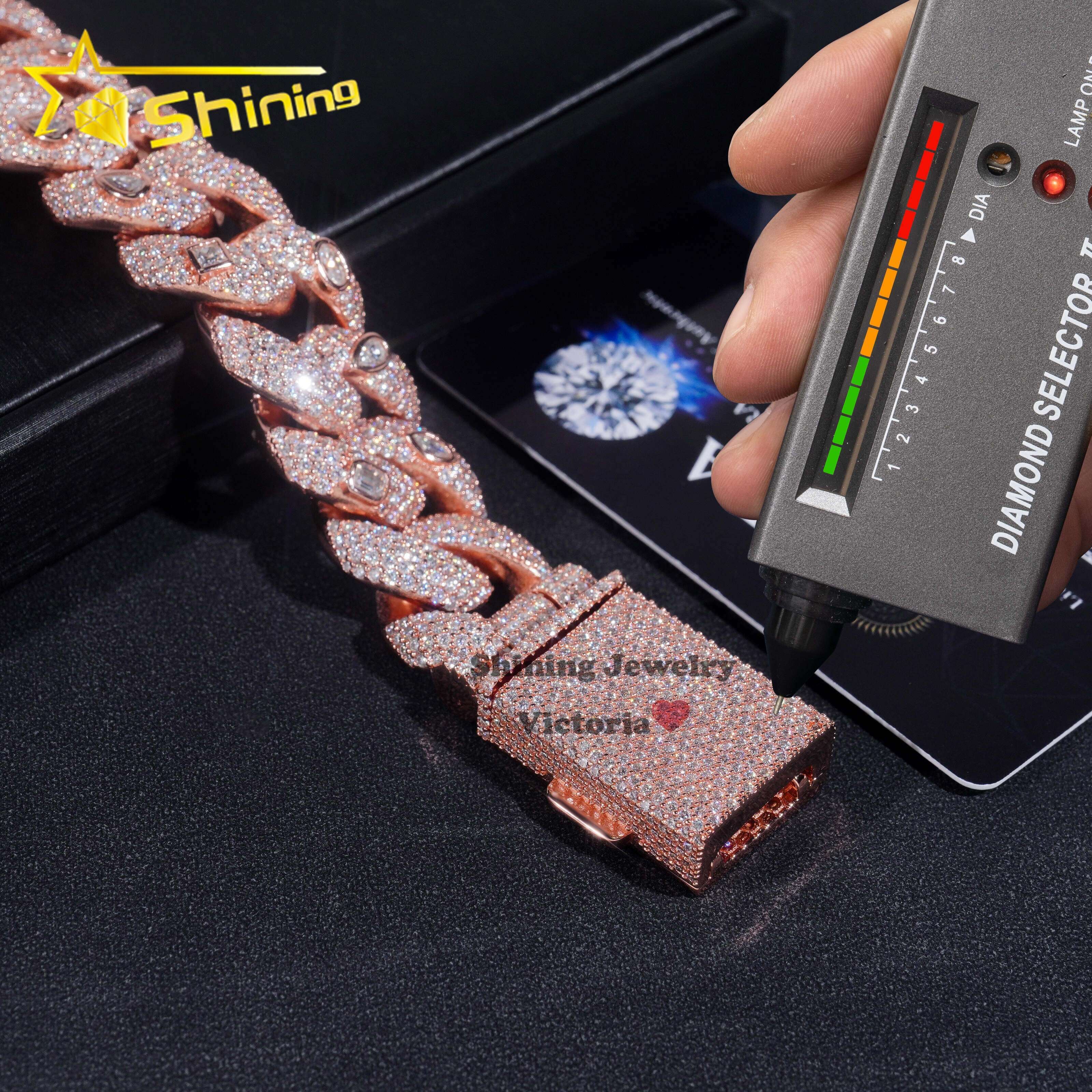 Pass Diamond Tester New Design Fine Jewelry 20MM Rose Gold Plated Moissanite Diamond Cuban Link Bracelet With Fancy Cut Stones