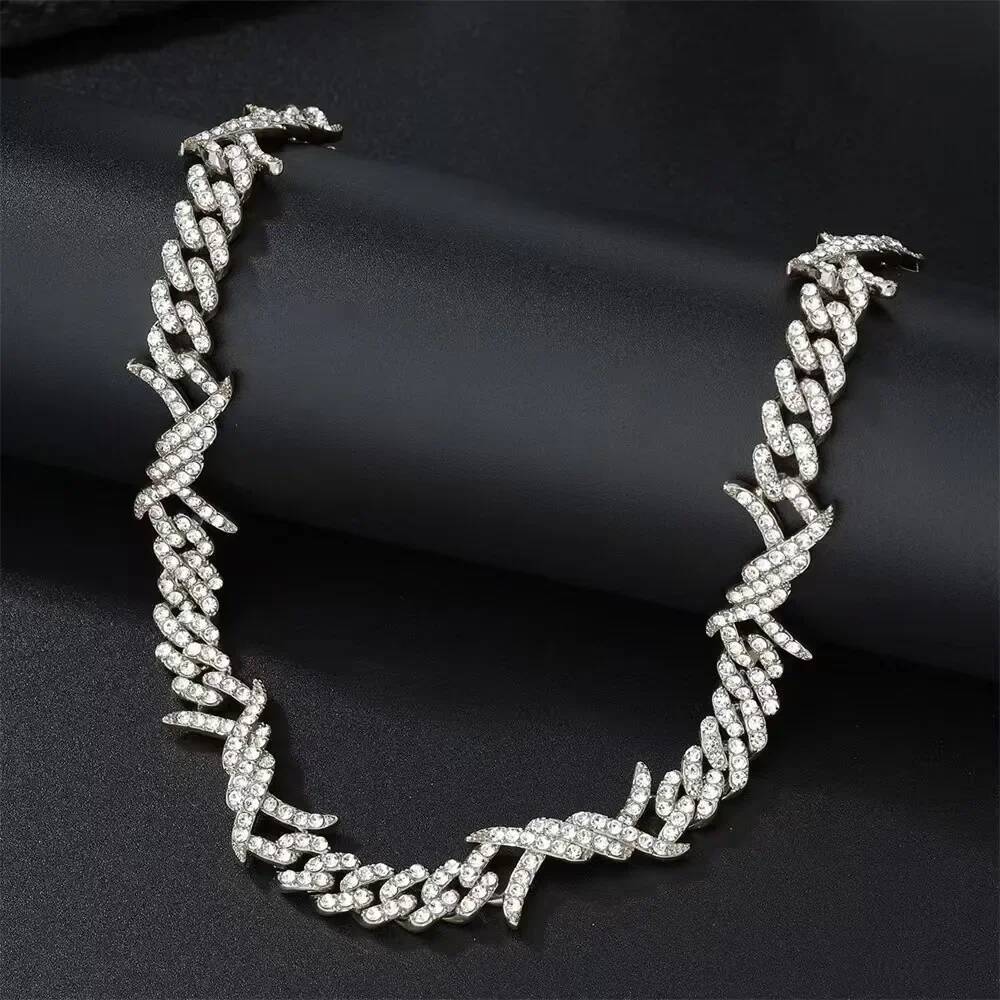 Hip Hop golden Micro Paved Zirconia Iced Out Bling Choker Necklace Men Women Barbed Wire Knot Miami Cuban Link Chain Jewelry 14"