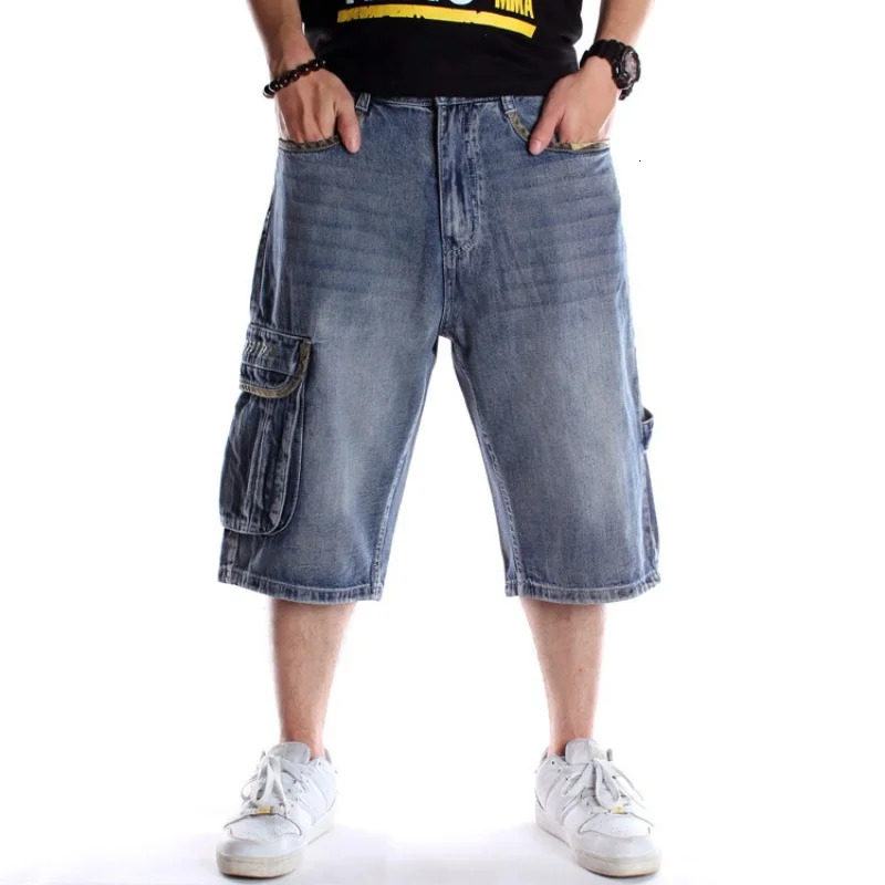 Multi pocket European and American skateboarding pants with fat and plus size hip-hop denim shorts for men trendy cropped pants 250530