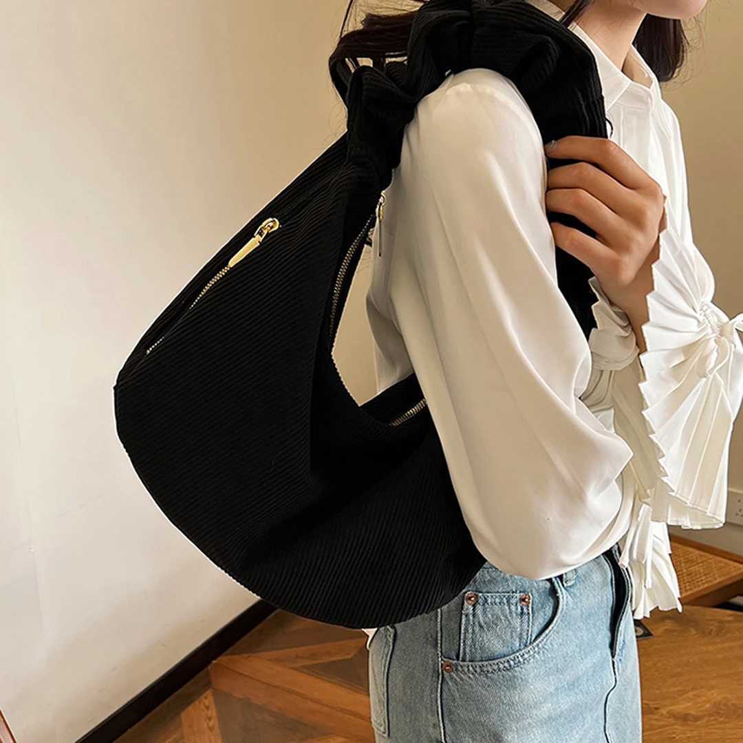 Corduroy Drawstring Cloud Bag Womens Large Capacity Dumpling Bag 2024 New Simple Casual Underarm Bag Handbag Shoulder Crossbody XJ250604