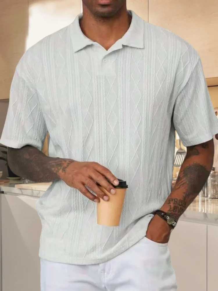 Mens 2025 retro loose texture knitted polo shirt with a lapel breathable high street casual fashion and comfortable short-sleeve T250604