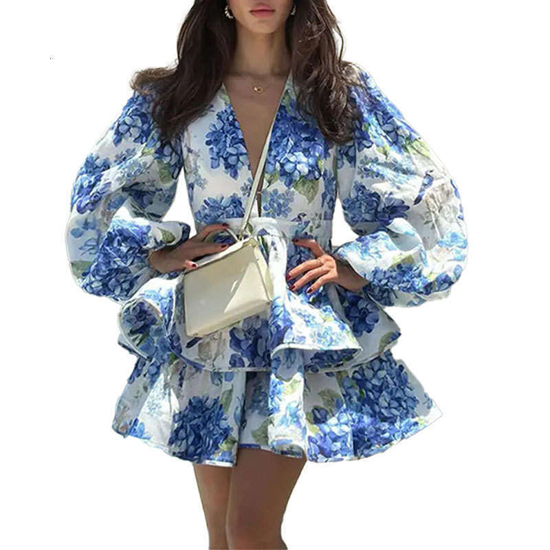 Women's Elegant Fashion V-Neck Puff Sleeve Printed Ruffle Short Dress B5