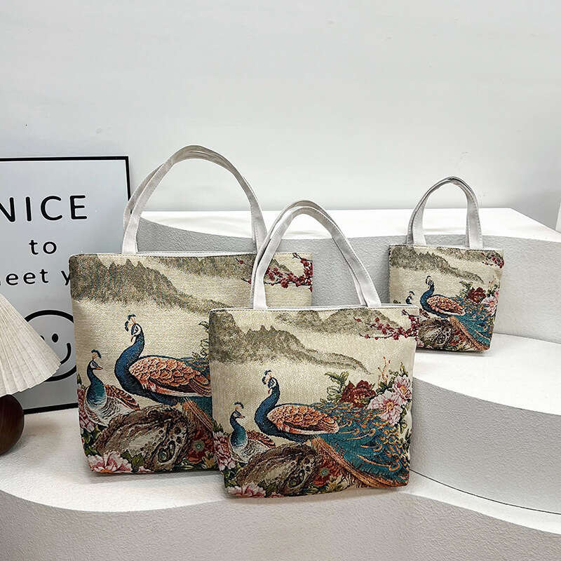 New Canvas Shoulder Handbag Double-Sided Gold Thread Jacquard Embroidery Ethnic Style Handheld Commuter Bag