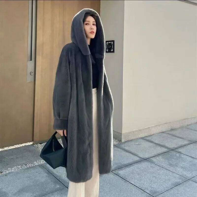 Hooded Medium Long New Mink Jacket National StyleThickened with Hat Fluff Autumn Winter Anti-season Clearance