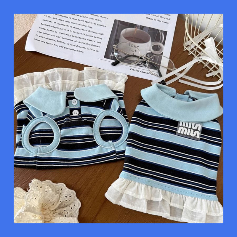 Dog Polo Collar Stripe Dress Summer Cat Outfits Soft Breathable Cotton Dogs Apparel Clothes for Small Medium Girls Puppy Lightweight Pet Dresses M D77