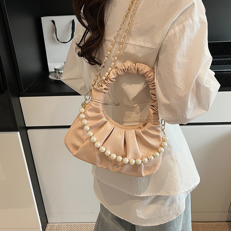 designer 2025 New Pleated Beaded Popular Light Luxury Niche Handbag for Women High-end Chain Versatile Shoulder Crossbody Bag
