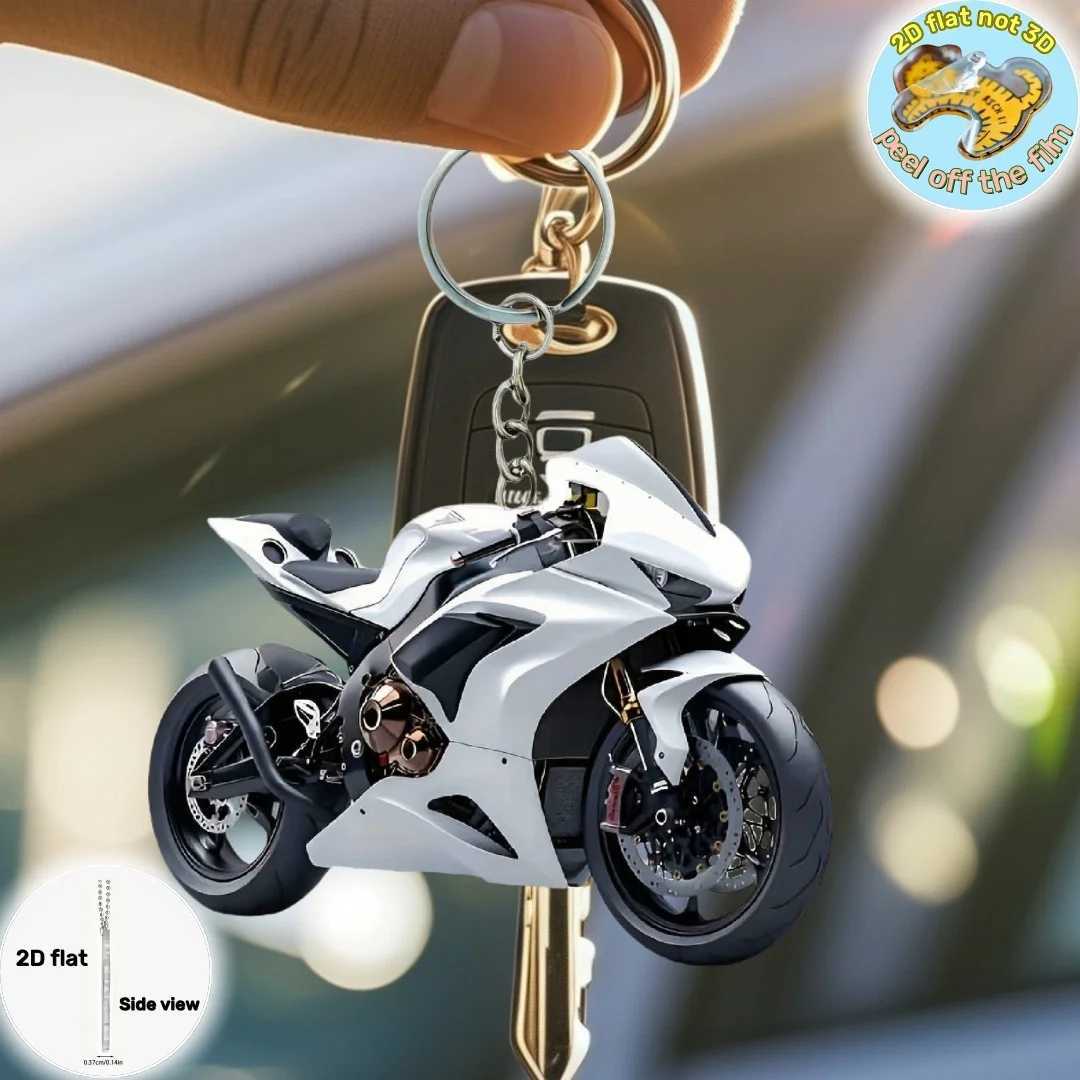 White Motorcycle Knight Pendant Keychain Moto Themed 2D Flat Acrylic Ornament Charms Hanging Decoration for Car Bag Festive Gift W250604