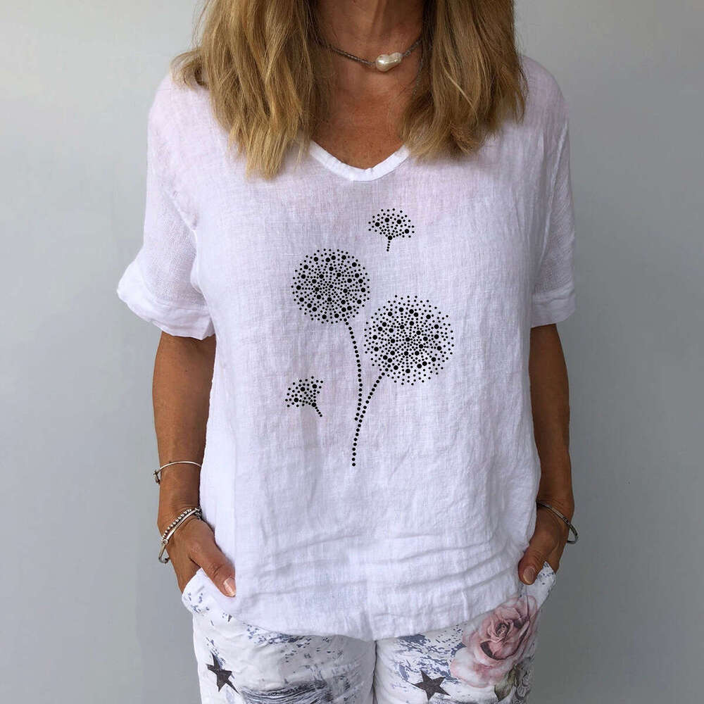 Short Sleeve Cotton Linen Loose Casual Dandelion Print Top B5