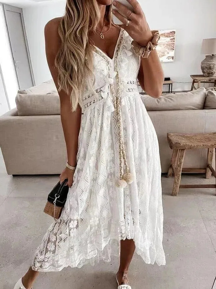 Womens Vneck Slim Shoulder Strap Sun Skirt Hook Flower Hollow Out Elegant Vacation Bohemian Style Lace Dress 22194 250604