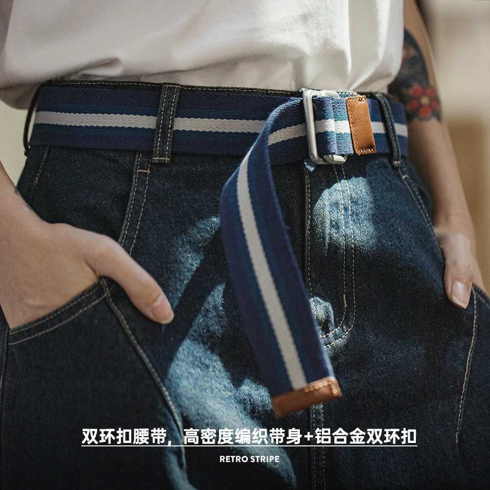Maden Womens No-hole Blue and White Colorblocking Belts Double Ring Buckle Belt Retro Striped Woven Canvas Elastic Belt W250604