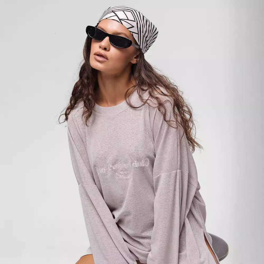 Round Neck Pullover Letter Print Long Sleeve T-Shirt Sexy Girl Style Sheer Loose Top For Women B5