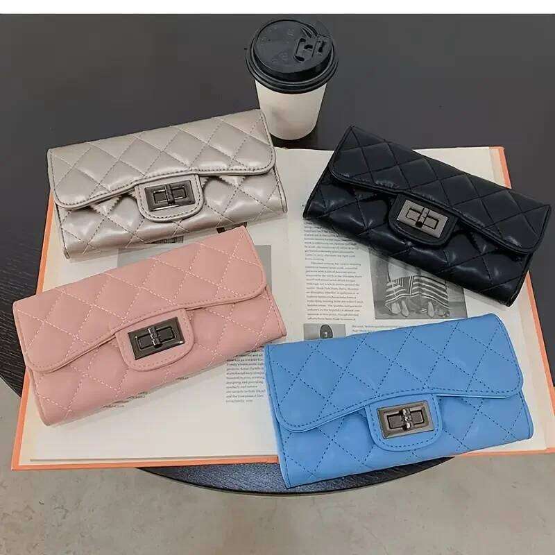 Quilted Long Wallet, Women's Fashion Wallet With Multi Card Slots & Id Window
