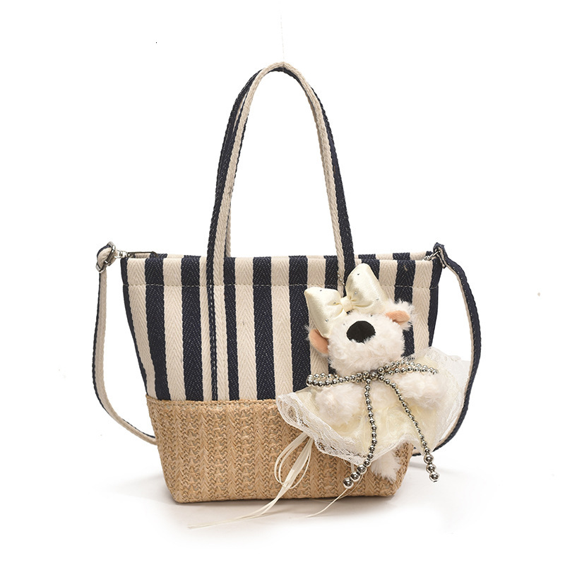 designer Canvas Patchwork Straw Woven Handbag for Women 2025 New Trend Striped Beach Bag Underarm Shoulder Bag Casual Tote Bag