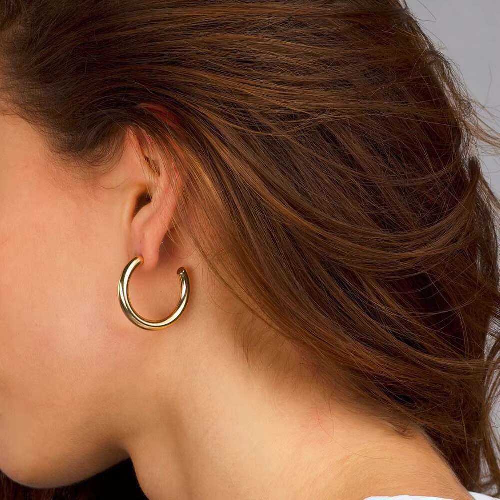 E-Manco Stainless Steel 18K Gold Plated Round Geometric Big Hoop Earring Trendy C Type Ear Needle Earrings Jewelry