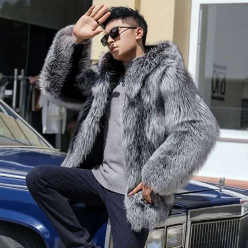 Coat Men Autumn Winter Hooded Thick Faux Fox Jacket Long Sleeve Warm Fur Black Parkas Bontjas Furry Shaggy Outerwear