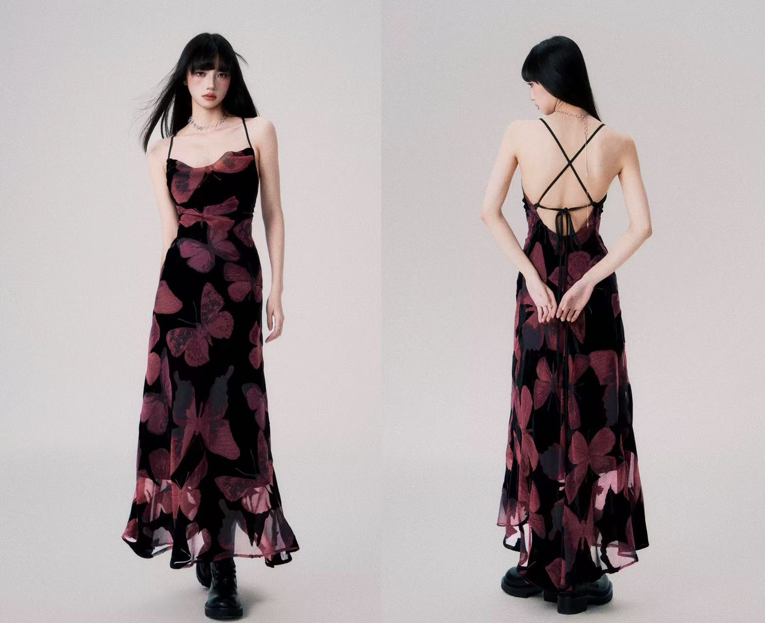 A charming beauty - New Chinese-style velvet butterfly-shaped halter-neck dress for women with backless and strapless design.