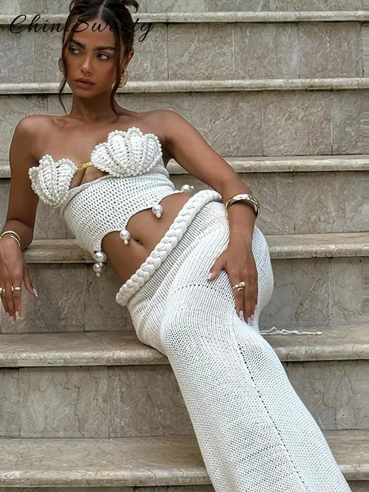 Sexy Crochet Hollow Out Pearl Skirt Set Women Solid Crop Bikini Tops Slim Hip Package Skirts 2025 Summer Lady Beach Outfits 250529