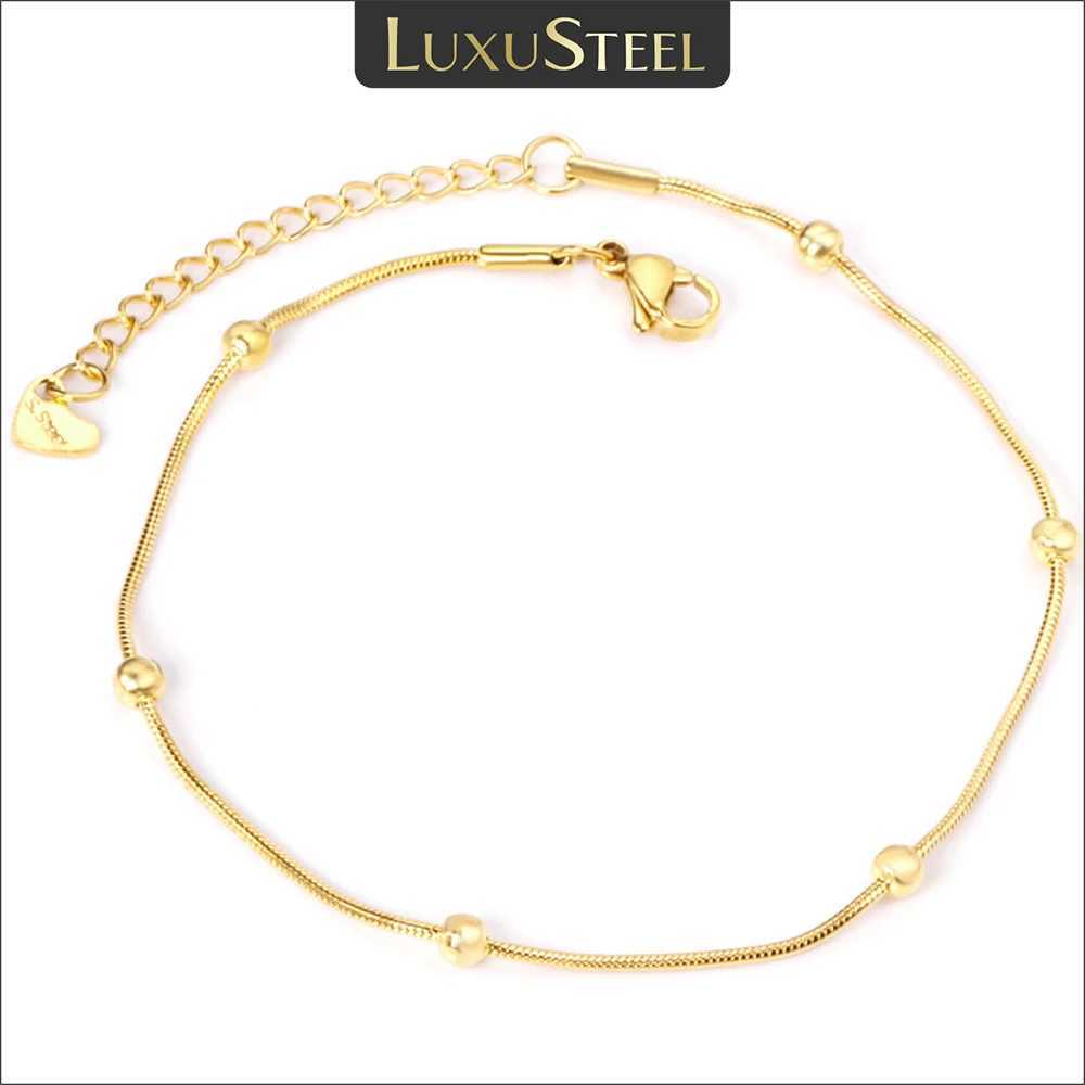 LUXUSTEEL Vintage Ball Beads Charm Snake Chain Anklets Foot Bracelets Women Golden Plated Stainless Steel Summer Beach Jewelry W250604