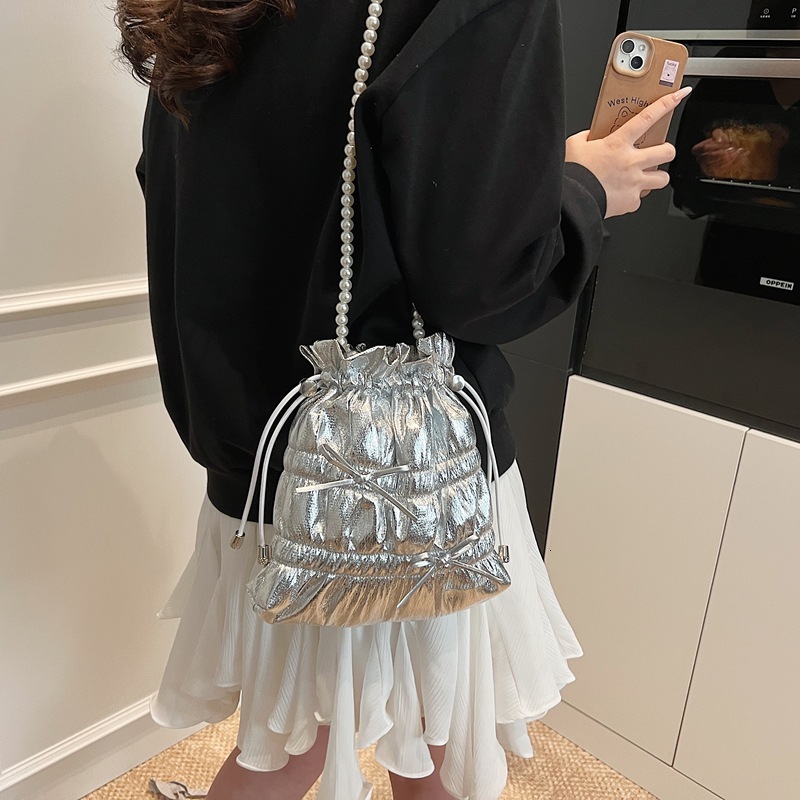 designer Trendy Fashion Bowknot Pleated Large Capacity Bucket Bag 2025 New Beaded Bright Color Travel Shoulder Crossbody Bag
